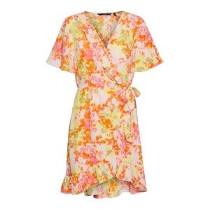 Vero Moda Floral Faux Wrap Dress Orange Pink Short Sleeve Size Medium